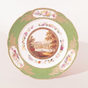 Placa representando o velho Pont de Sevres e o Pavillon de Breteuil, feito em Paris (porcelana)